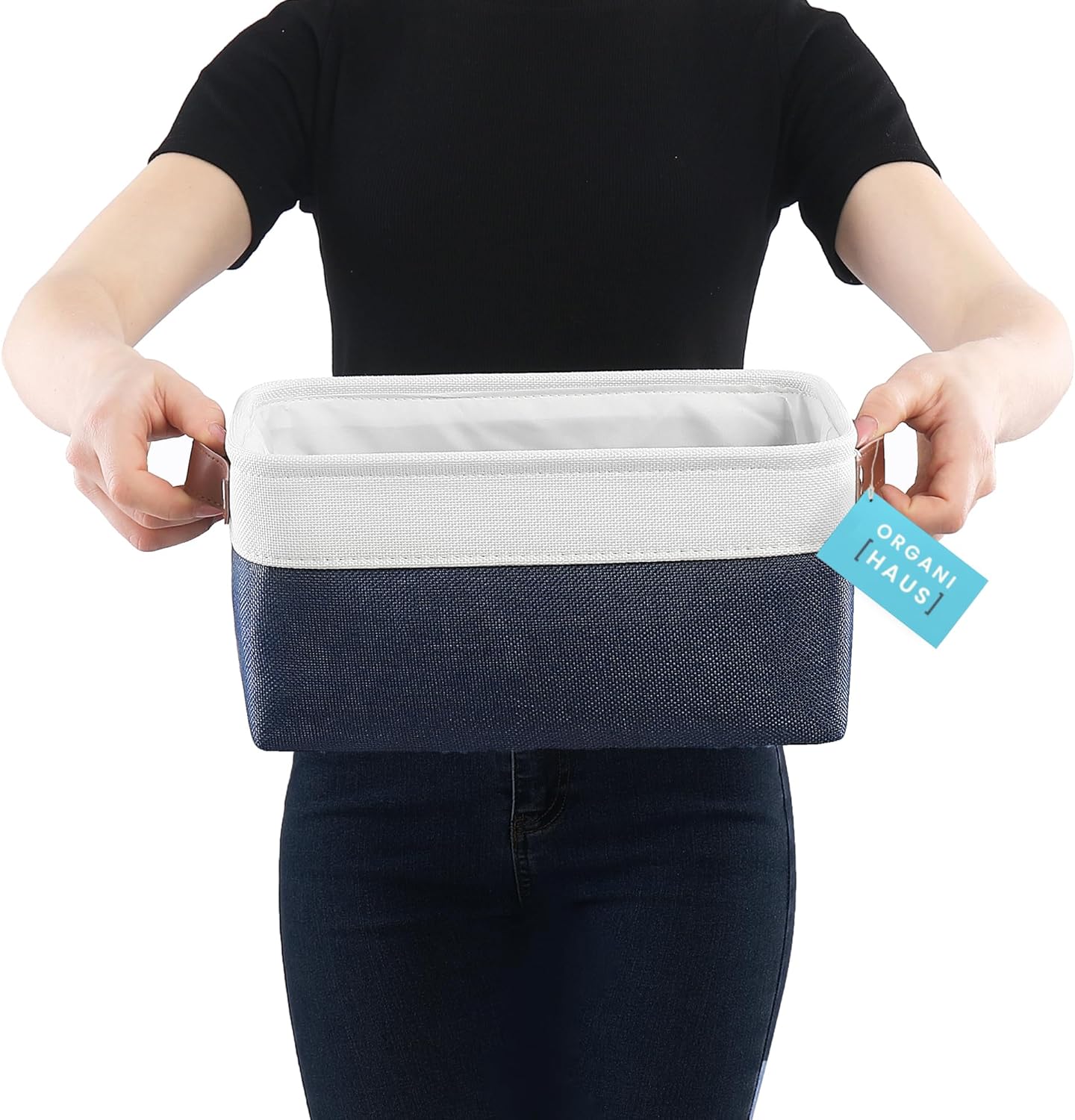 OrganiHaus Small Fabric Storage Baskets for Shelves 3 Pack, 12x8in Closet Storage Bins for Shelves, Cloth Baskets for Organizing, Linen Closet Organizers, Fabric Basket, Navy Blue/White