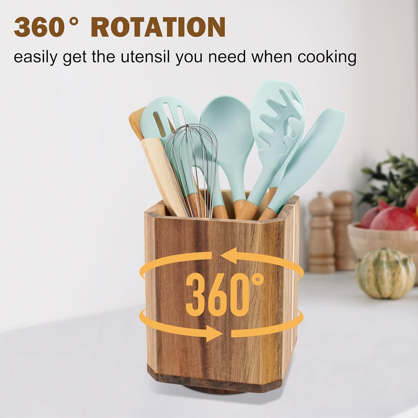 RedCall Acacia Wood Utensil Holder, 360° Rotating Large Cooking Utensil Organizer, Kitchen Tool Storage for Countertop,Spoon Spatula Holder for Kitchen Counter,Farmhouse Decor (1 Pack)