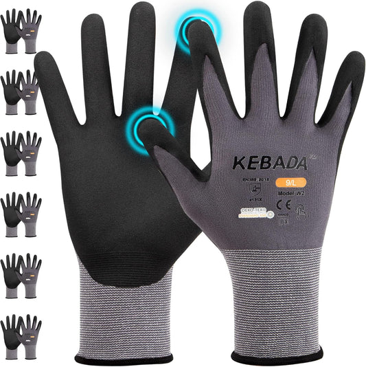 Kebada W2 Work Gloves for Men and Women, Nitrile Coated Working Gloves for Gardening, Construction, Warehouse, Safety Gloves for Work in Yard and Outdoors, 6 Pairs, XS