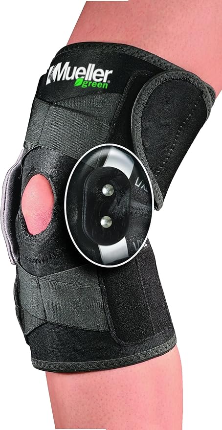 MUELLER Sports Medicine Green Self-Adjusting Hinged Knee Brace, Knee Pain Relief Support for Men and Women, Ideal for Arthritis, Sprains, Black, One Size