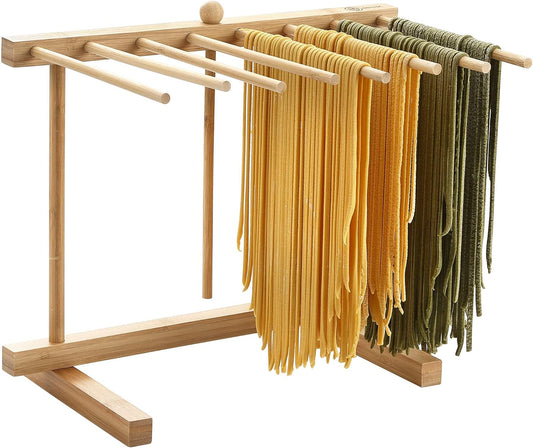 Bamboo Pasta Drying Rack with 8 Bars and Transfer Wand, Easy to Transfer for Drying Pasta and Cooking, Special Suspension Design for Large Storage, Gift for House Warming