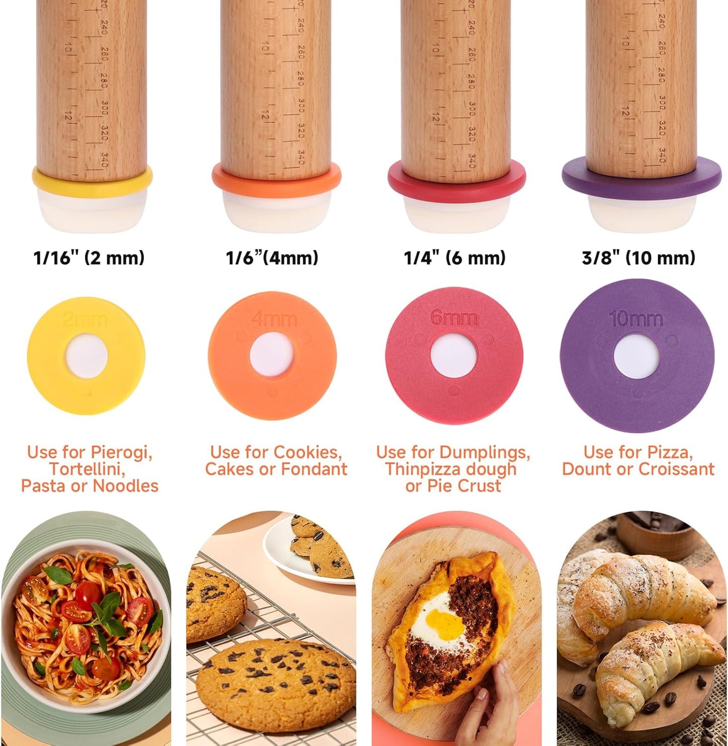 Wooden Rolling Pin with Thickness Rings and Pastry Baking Mat, Pizza, Cookie, Bread, Pie Crusts,Roller Rod for Dough Thickness, 13.6" with 4 Multicolored Thickness Rings&Cookie Molds