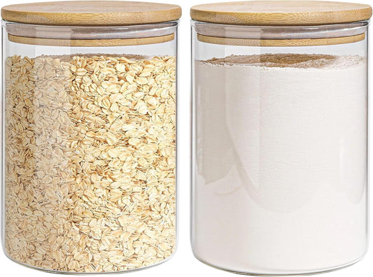Glass Storage Jars Set Elegant Containers with Airtight Bamboo Lids, Perfect for Kitchen Organization - Flour, Rice, Pasta, Sugar, Coffee Beans, Accessories Included (2 packs(111oz))