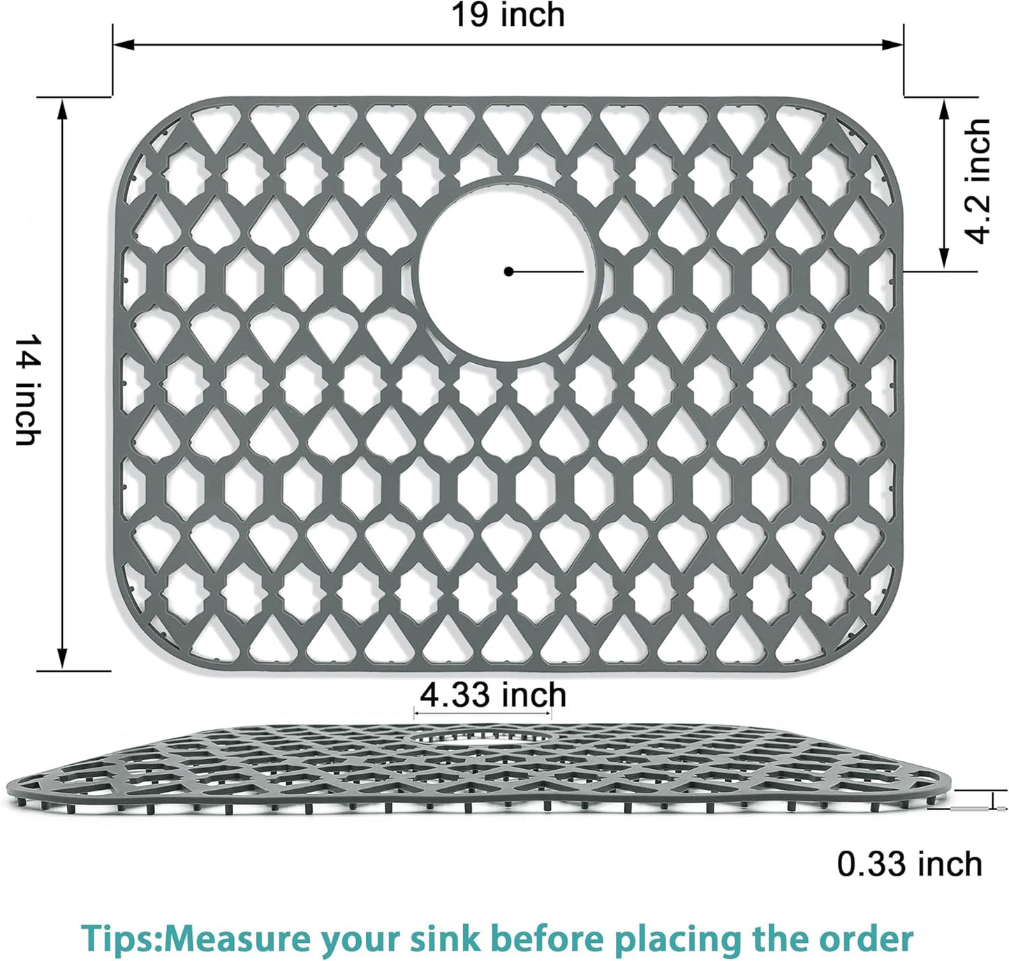 Sink Protectors for Bottom of Kitchen Sink 13x11 &16x12 &21x16 &22x13 &24x13 &26x14 &28x14 &30x16, Large Farmhouse Silicone Mats Grid (19”x14”, Rear Drain)