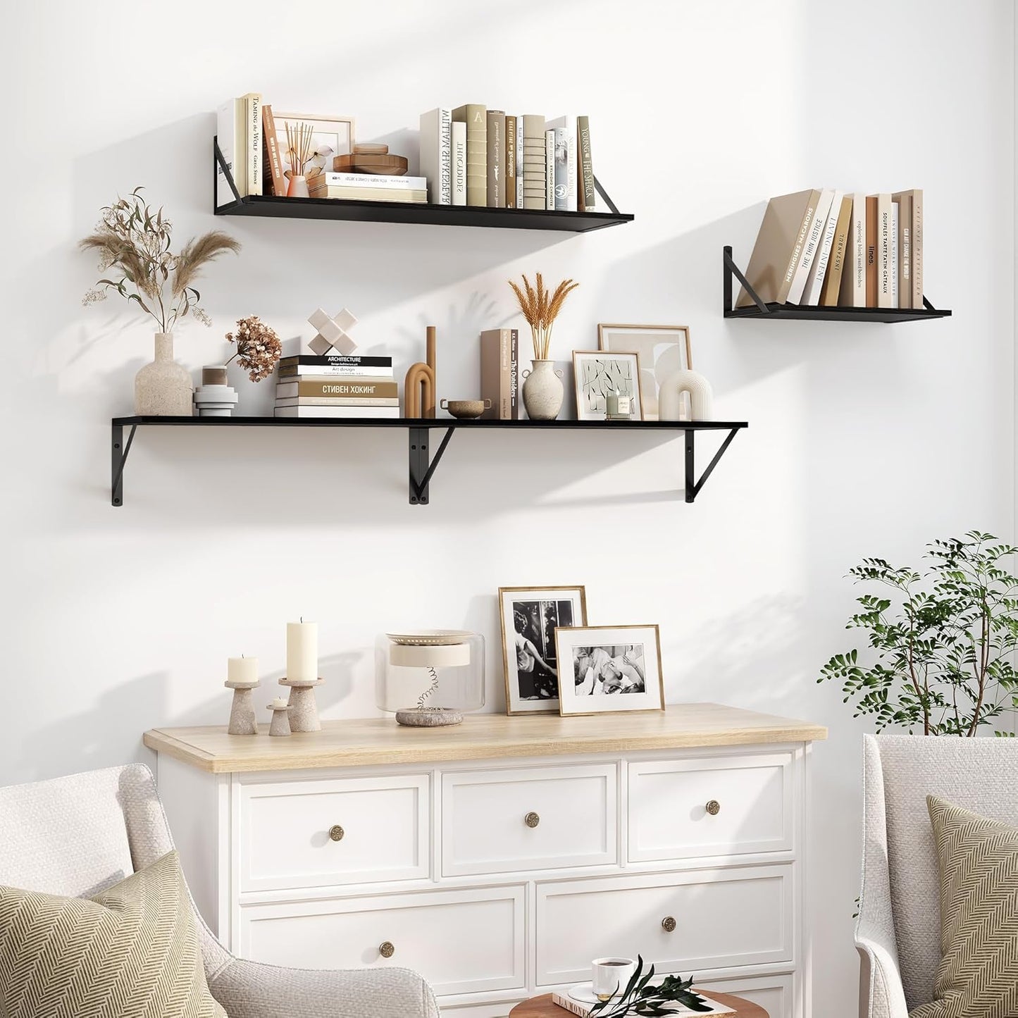 Heimlove Black Deep Floating Shelves for Wall, 40W x 8D Wood Wall Shelves Set of 2, Wide Floating Bookshelf for Living Room, Kitchen, Office, Bedroom and Decor Storage, with Metal Bracket - Black