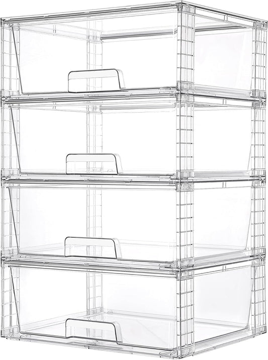 Vtopmart 4 Pack Large Stackable Storage Drawers,Easily Assemble Acrylic Bathroom Closet Undersink Organizers and Storage,Plastic Storage Bins for Kitchen Cabinets,Pantry,Makeup,Medicine Organization