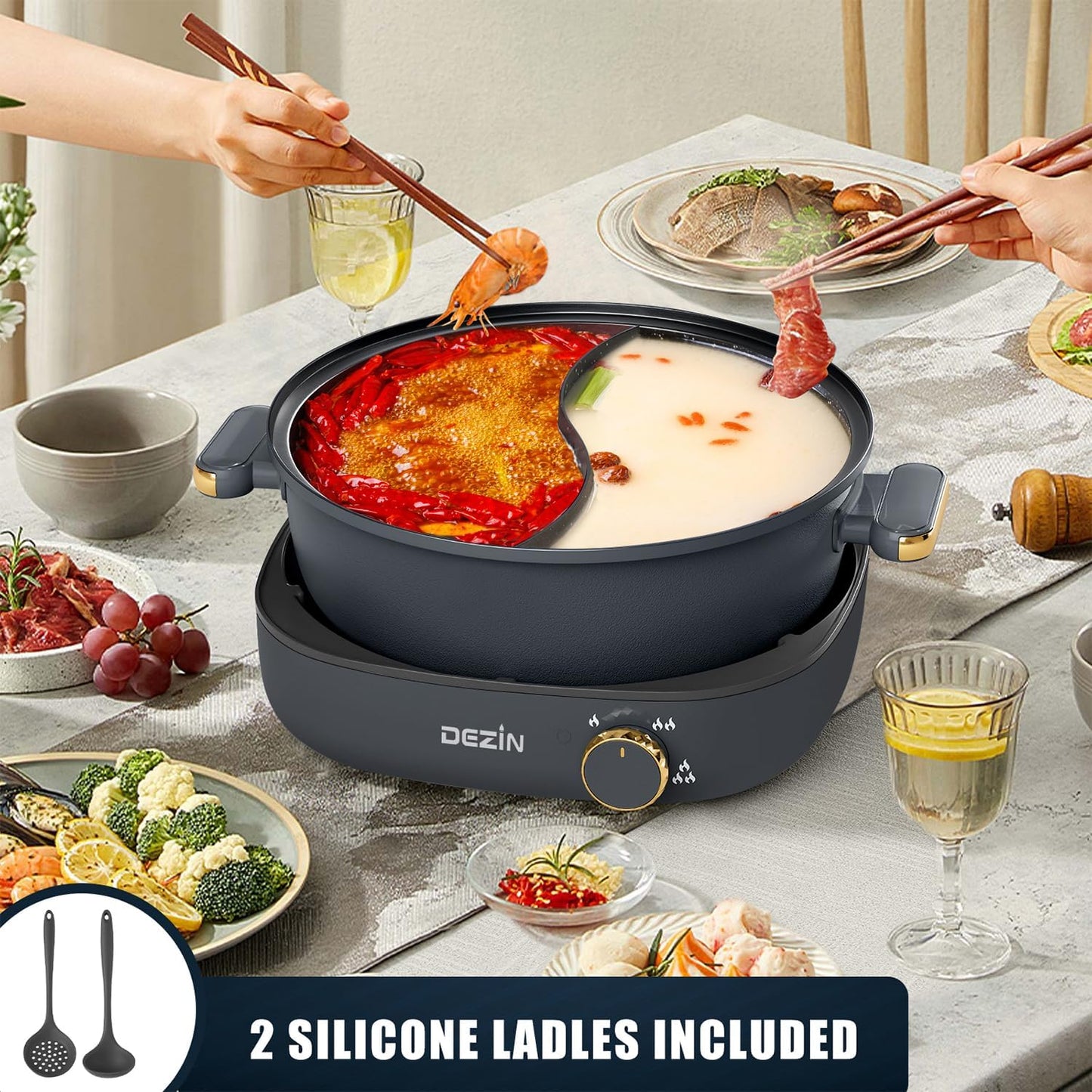 Dezin Hot Pot Electric with Divider, 4L Electric Shabu Shabu with Dual-Flavor Pot,3.7" Depth Nonstick Dual Side with Multi-Power Control for Party, Family and Friend Gathering