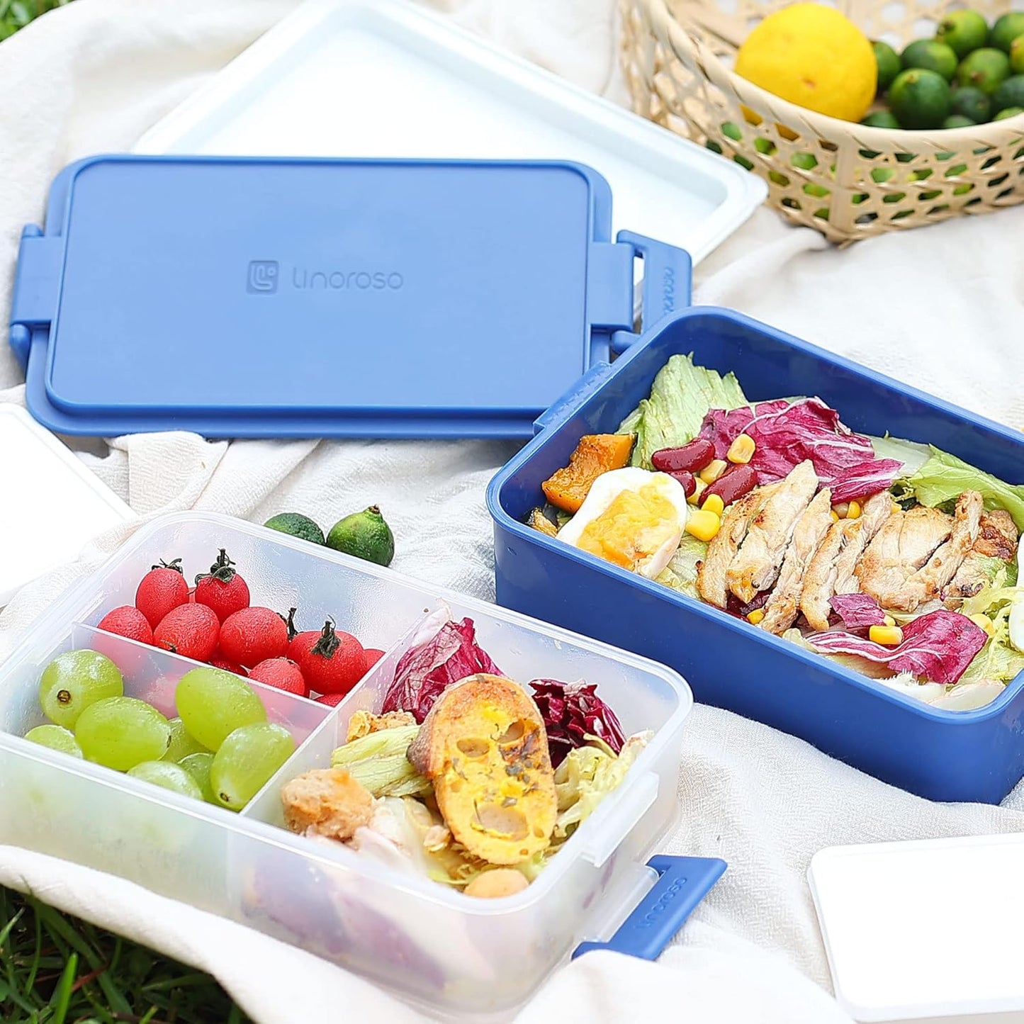 linoroso Stackable Bento Box Adult Lunch Box | Meet All You On-the-Go Needs for Food, Salad and Snack Box, Premium Bento Lunch Box for Adults Include Utensil Set, Dressing Containers - Classic Blue