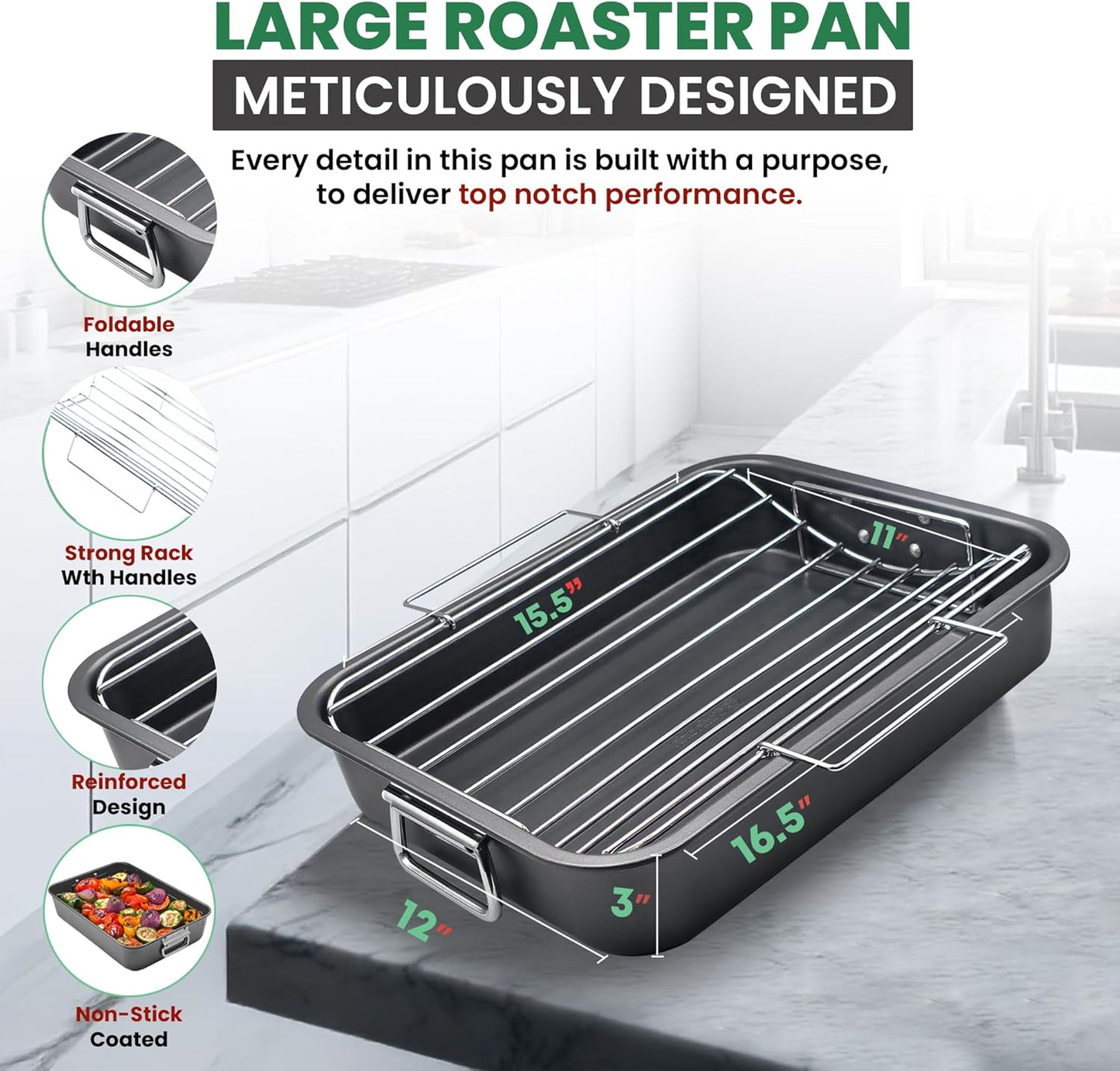Large Roasting Pan With Rack 12” x 16” - Non Stick Large Roaster Pan and V-Rack With Foldable Handles - Roasting Pans for Ovens to Elevate Food for Even Heating - Dishwasher Safe Turkey Roast Pot