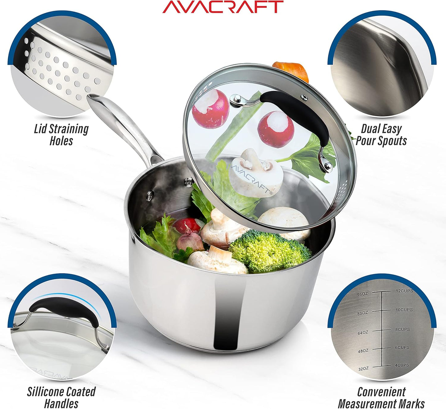 AVACRAFT Stainless Steel Saucepan with Glass Lid, Strainer Lid, Two Side Spouts for Easy Pour with Ergonomic Handle, Multipurpose Sauce Pan, Sauce Pot (5-Ply Capsule Bottom, 3.5 Quart)