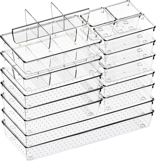 Criusia Drawer Organizer - 18 Pack Clear Large Kitchen Drawer Organization Trays, Non-Slip Dividers for Makeup, Jewelry, Utensils, Office, Bedroom, Bathroom