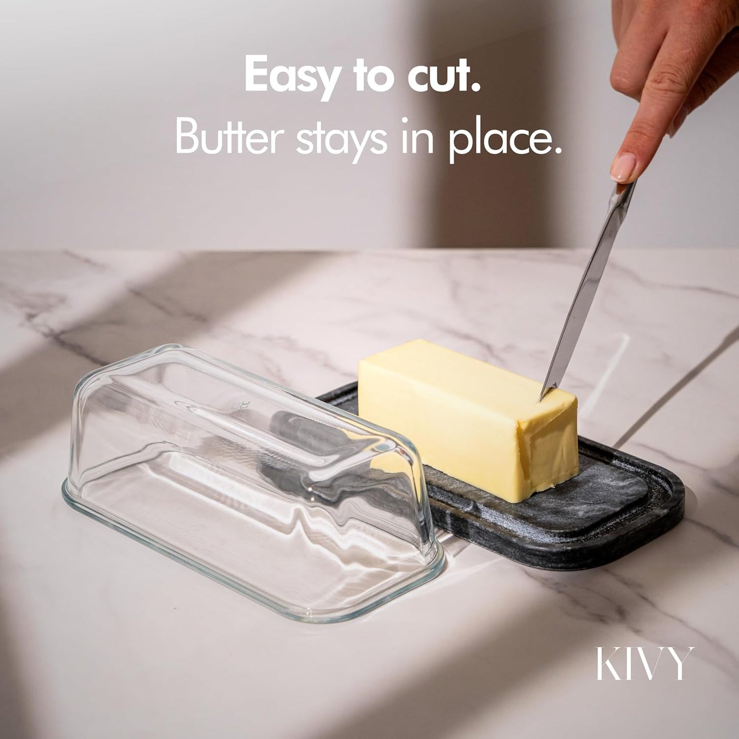 KIVY Butter Dish (Black Marble & Glass) - For countertop and refrigerator door shelf - Marble butter keeper - Stone butter dish - Glass butter dish with lid - Dishwasher Safe
