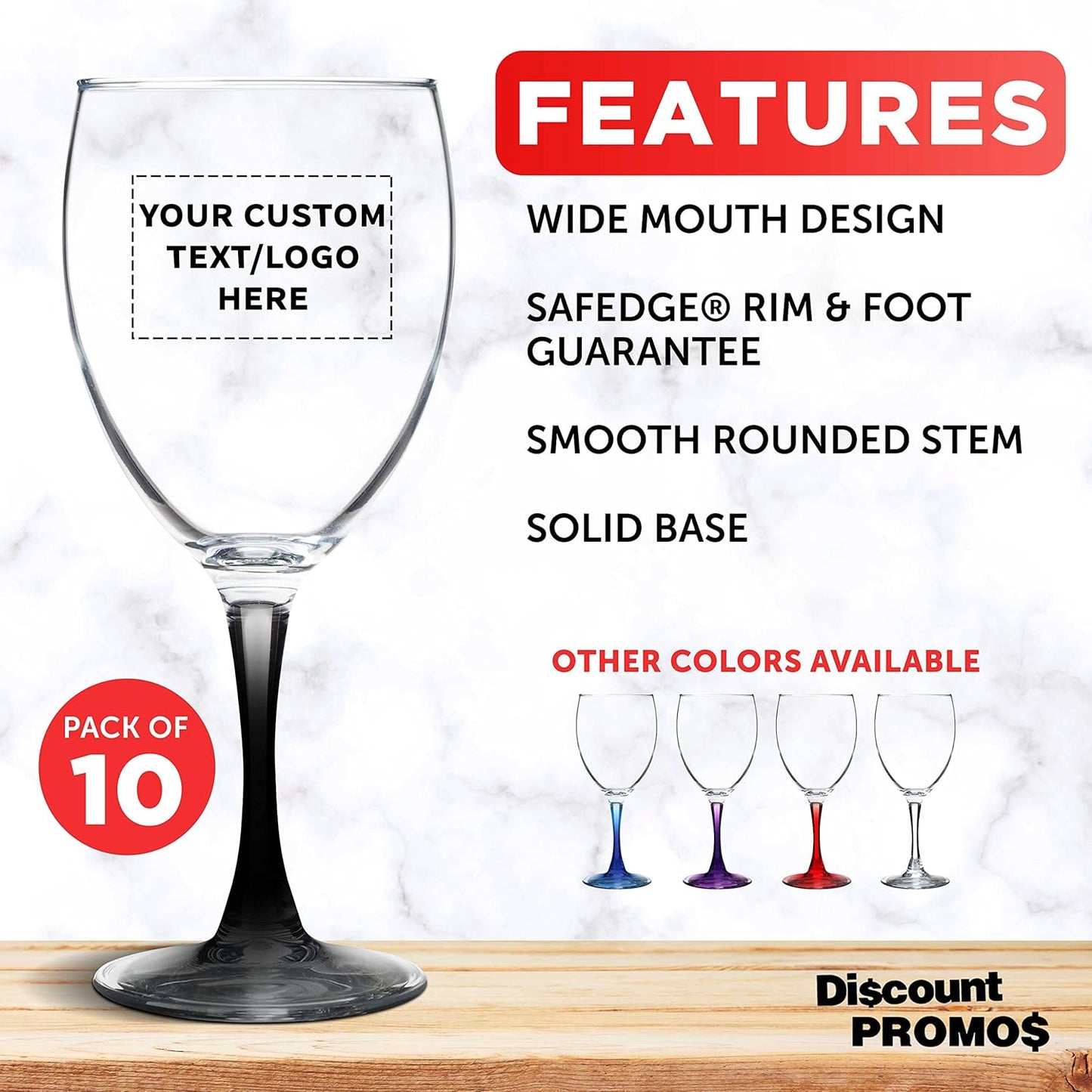 Custom Nuance Wine Glasses by ARC 10.5 oz. Set of 10, Personalized Bulk Pack - Restaurant Glassware, Perfect for Red Wine, White Wine, Cocktails - Black