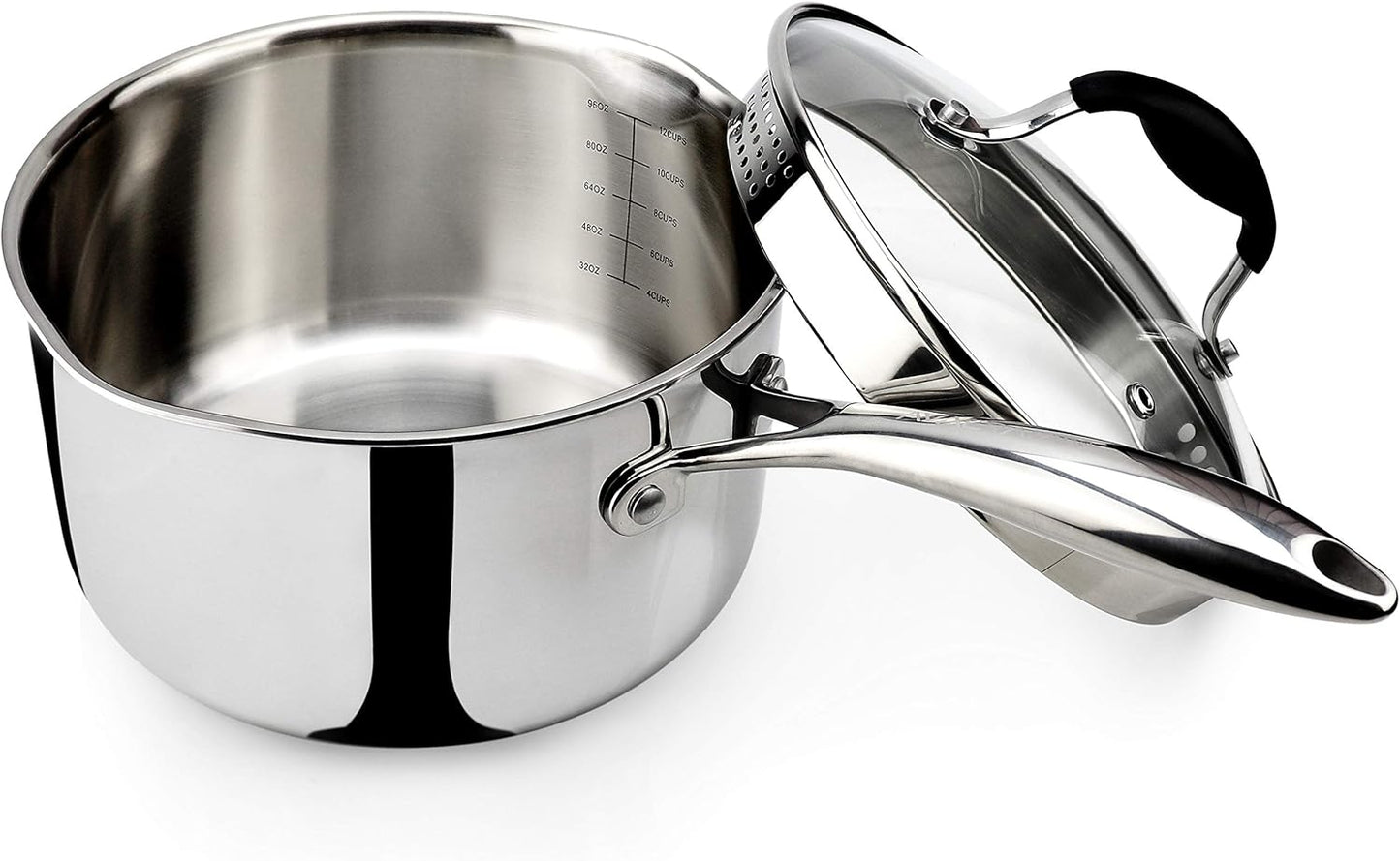 AVACRAFT Tri-Ply Stainless Steel Saucepan with Glass Strainer Lid, Two Side Spouts, Multipurpose Sauce Pan with Lid, Sauce Pot, Cooking Pot (Tri-Ply Full Body, 3.5 Quart)