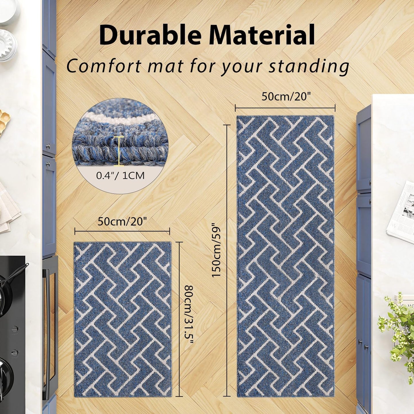 hicorfe Kitchen Rugs and Mats Sets,Non-Slip 2 Pieces Absorbent 100% Polypropylene Rug,Comfort Kitchen Runner Mat,Washable for Kitchen,Sink,Laundry(20" x 31.5" Plus 20" x 59",Navy Blue)