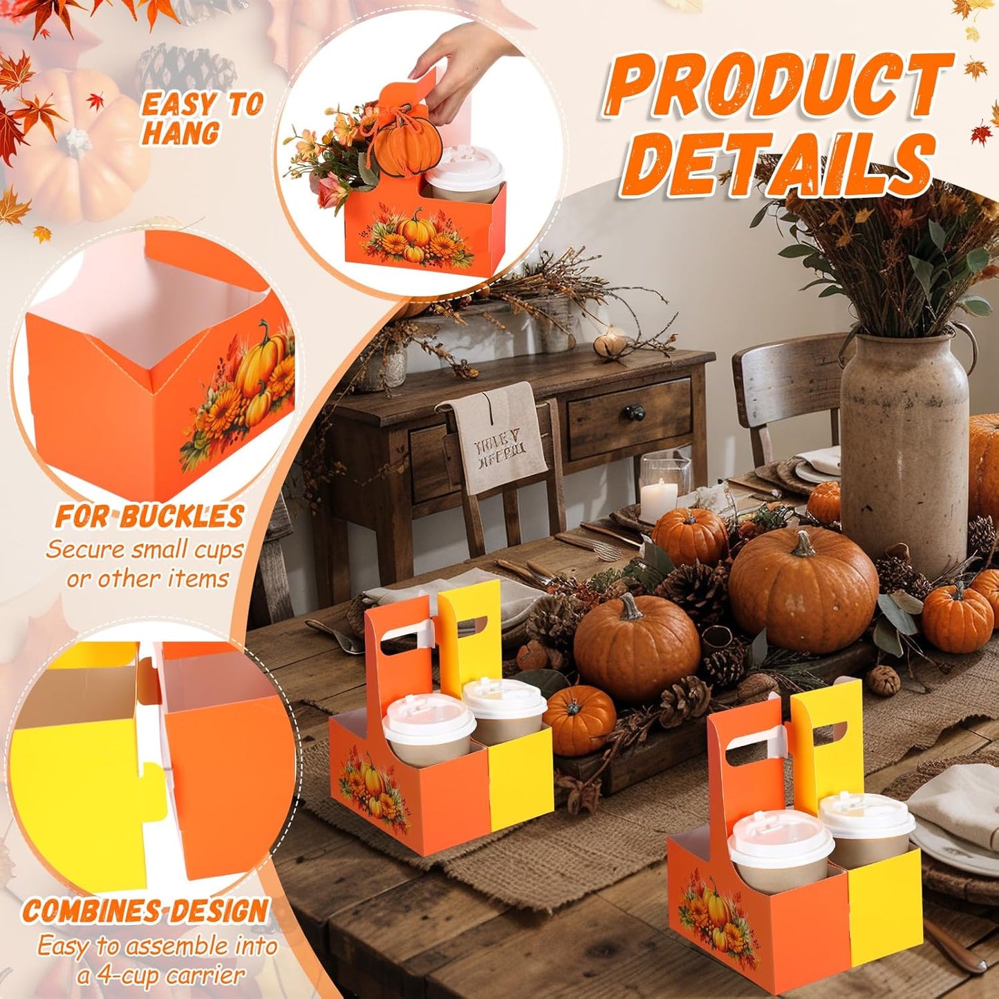 TaoBary 30 Set Fall 2 Cup Drink Carrier with Handle Portable Foldable Tray Drink Holder Yellow Orange Disposable Cardboard Coffee Cup Holder with Pumpkin Maple Leaf Tag, Thanksgiving Fall Gifts