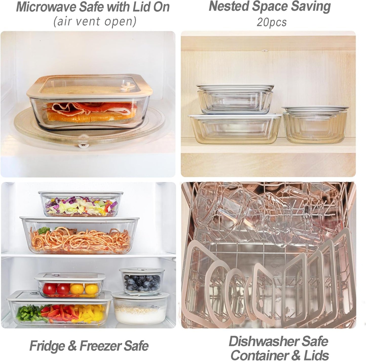 Glass Food Containers with Glass Lid, Microwave Safe Food Storage Container Set, 3 Pack of Large Size, Food Storage Containers with Lids, Meal Prep containers with Leak Proof Lid.