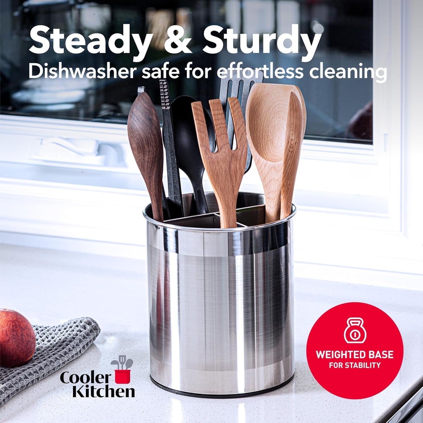 Cooler Kitchen Rotating Extra Large Stainless Steel Utensil Holder Caddy with Sturdy No-Tip Weighted Base, Removable Divider, and Gripped Insert Bottom -Dishwasher Safe Metal Cooking Utensil Holder…