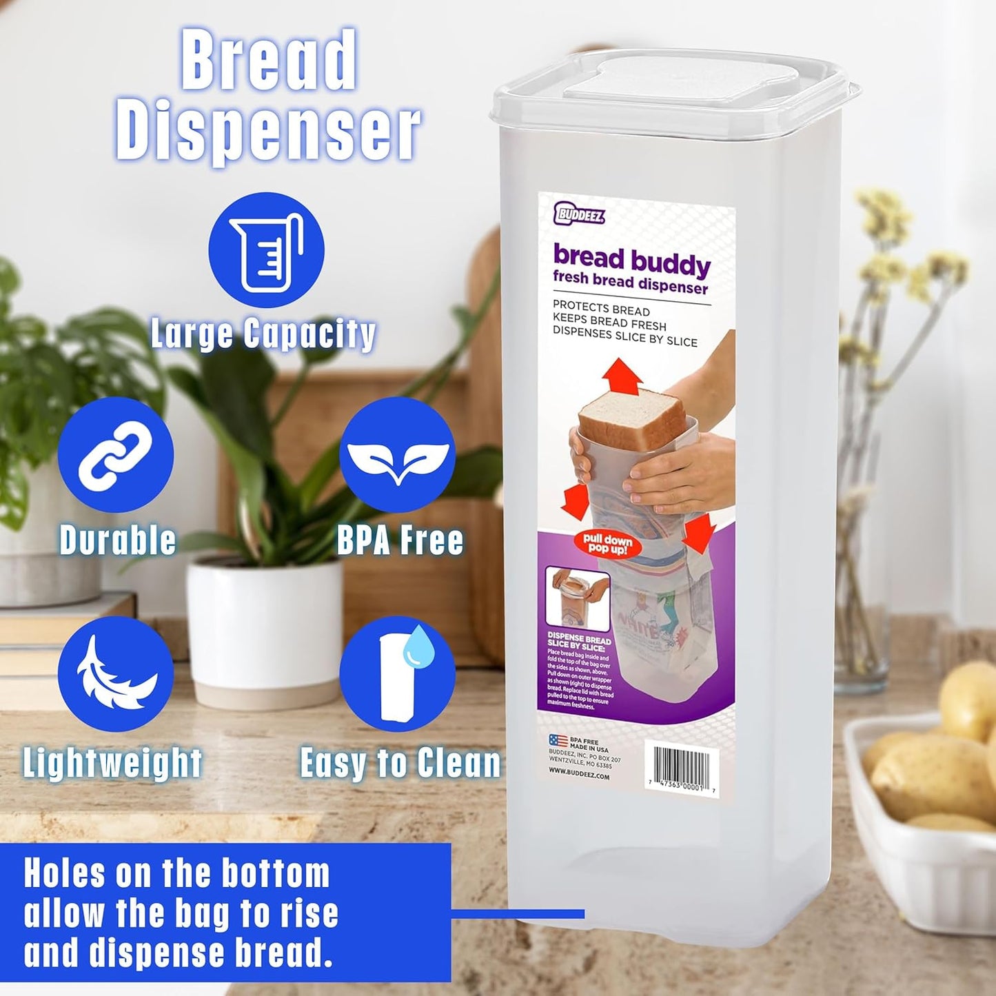 Buddeez Bread Buddy Bread Box – Keep Your Loaf Fresh - White Lid, Pack of 1