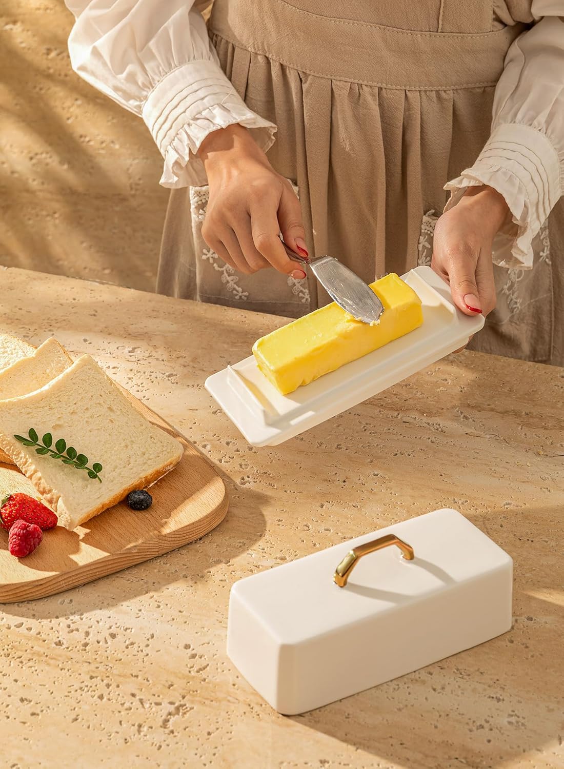Sweese Butter Dish with Lid for Countertop - Butter Container - Butter Saver, 4oz Beautiful Small Butter Tray for East West Coast Butter, Fridge, Dishwasher Safe-White