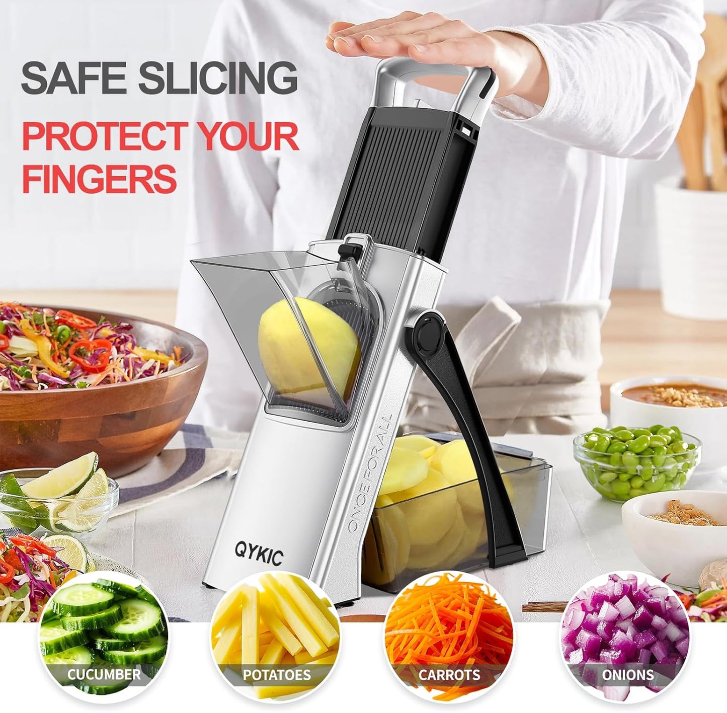 Upgrade Safe Mandoline Slicer for Kitchen, Vegetable Chopper Slicer, Potato Slicer Thickness Adjuster, French Fry Cutter, Veggie Onion Dicer Faster Kitchen Mandolin for Meal Prep (White)