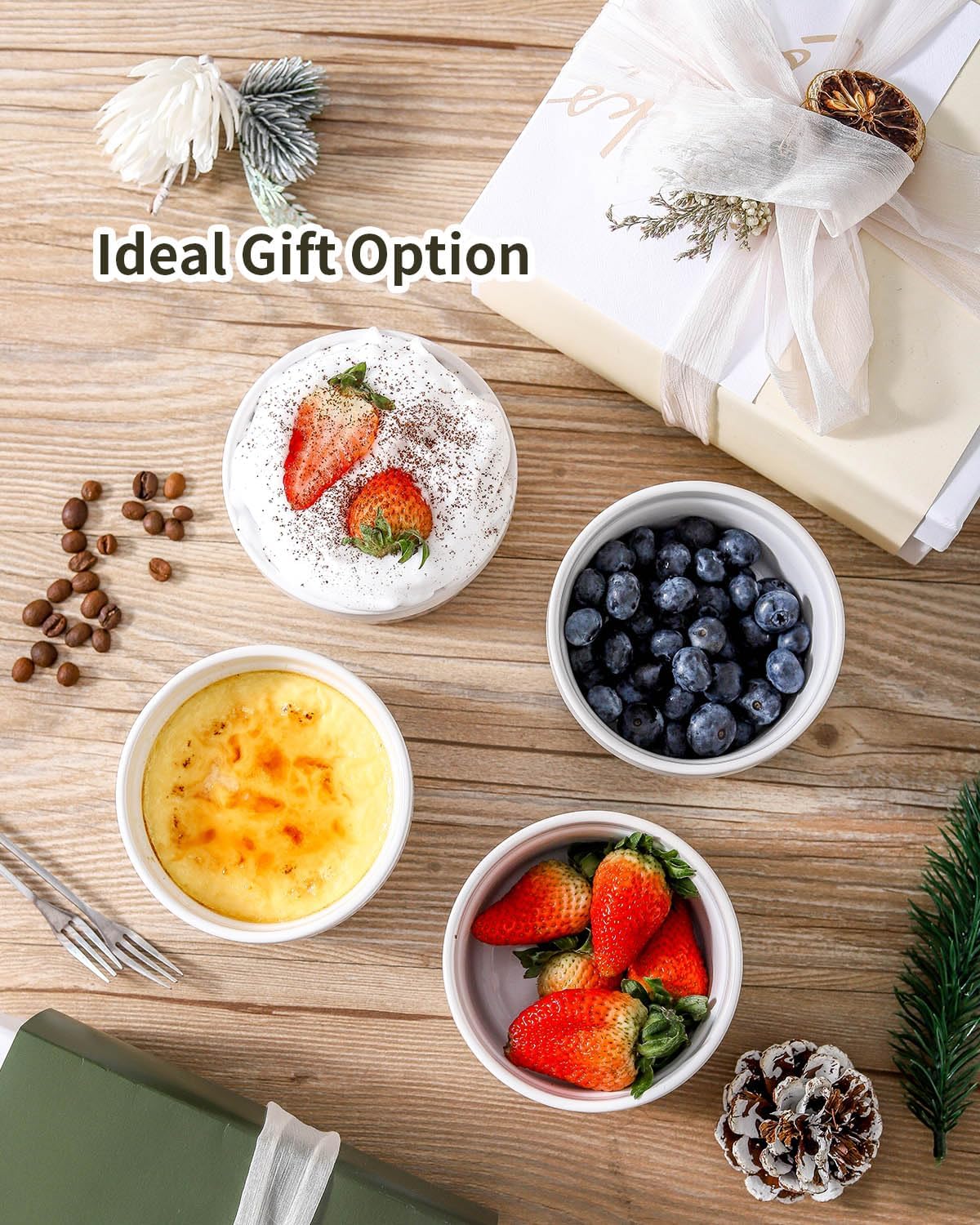 Hasense Ceramic Ramekins, 8 oz Creme Brulee Ramekins Set of 6, Porcelain Souffle Cups for Pudding, Dipping Sauce, Ice Cream, Custard, Ceramic Baking Dish, Dishwashing Safe, White