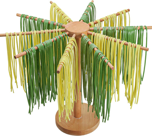 Beech Wood Pasta Drying Rack, 10-Arm Large Capacity, Detachable Fresh Spaghetti Noodle Tree Hanger, Larger Drying Area for Faster Drying Pasta, Prevents from Sticking