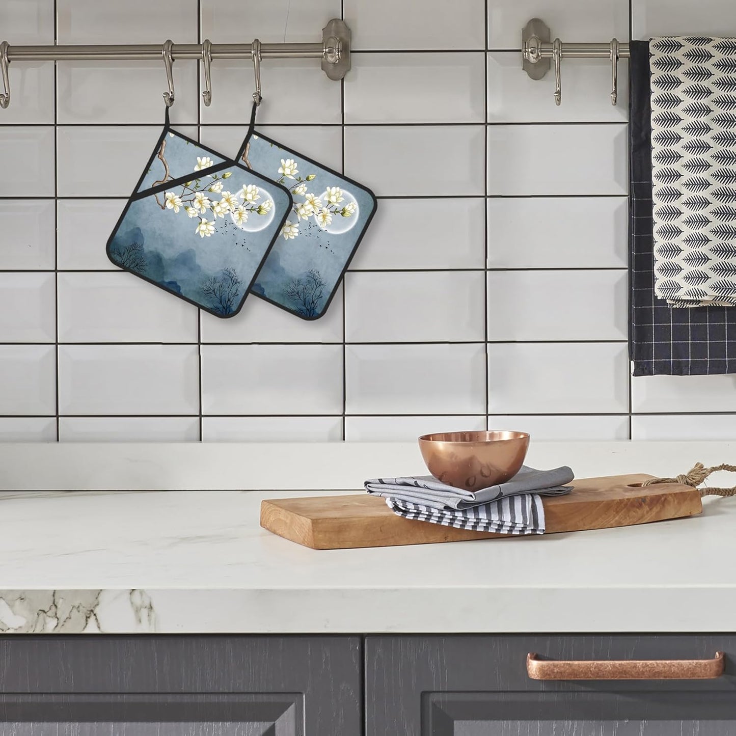 Pot Holder Set of 2,Moon Blossom Japanese Style Kitchen Heat Resistant Potholder for BBQ Cooking Baking,Food Hot Pat for Women Men Kitchen Wear