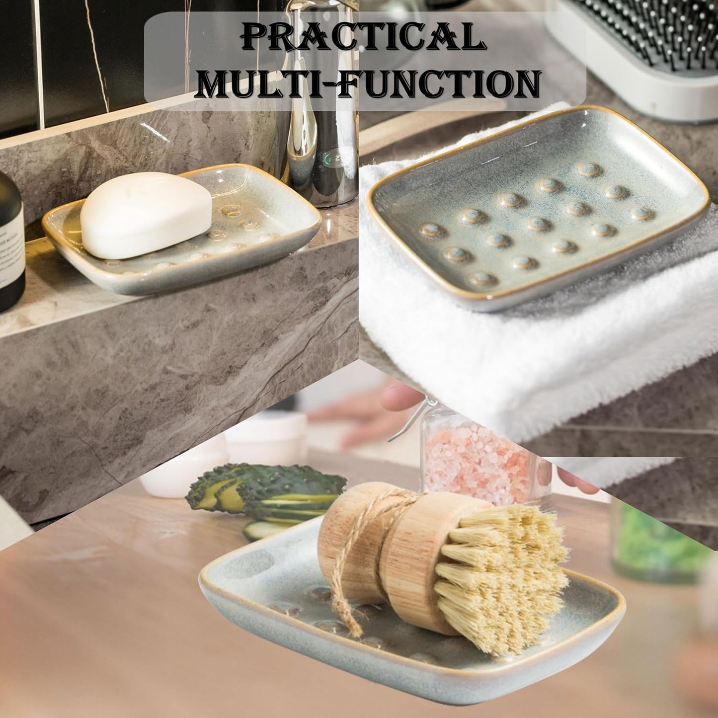 Soap Dish for Shower, Ceramic Soap Dish Non-Slip Soap Holder Bar Saver Tray for Bathroom Kitchen Sink, Floating Point Design Save Soap Loss