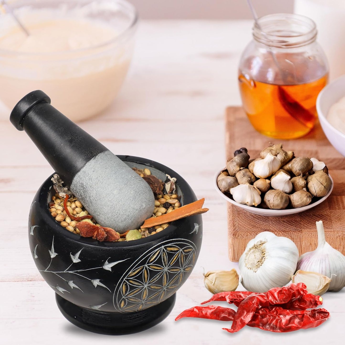 Mortar and Pestle, Made of Heavy Duty Polished Hard Stone, Natural Stone Grinder for Spices, Pastes, Herbs, Seasoning etc. (Flower of Life)