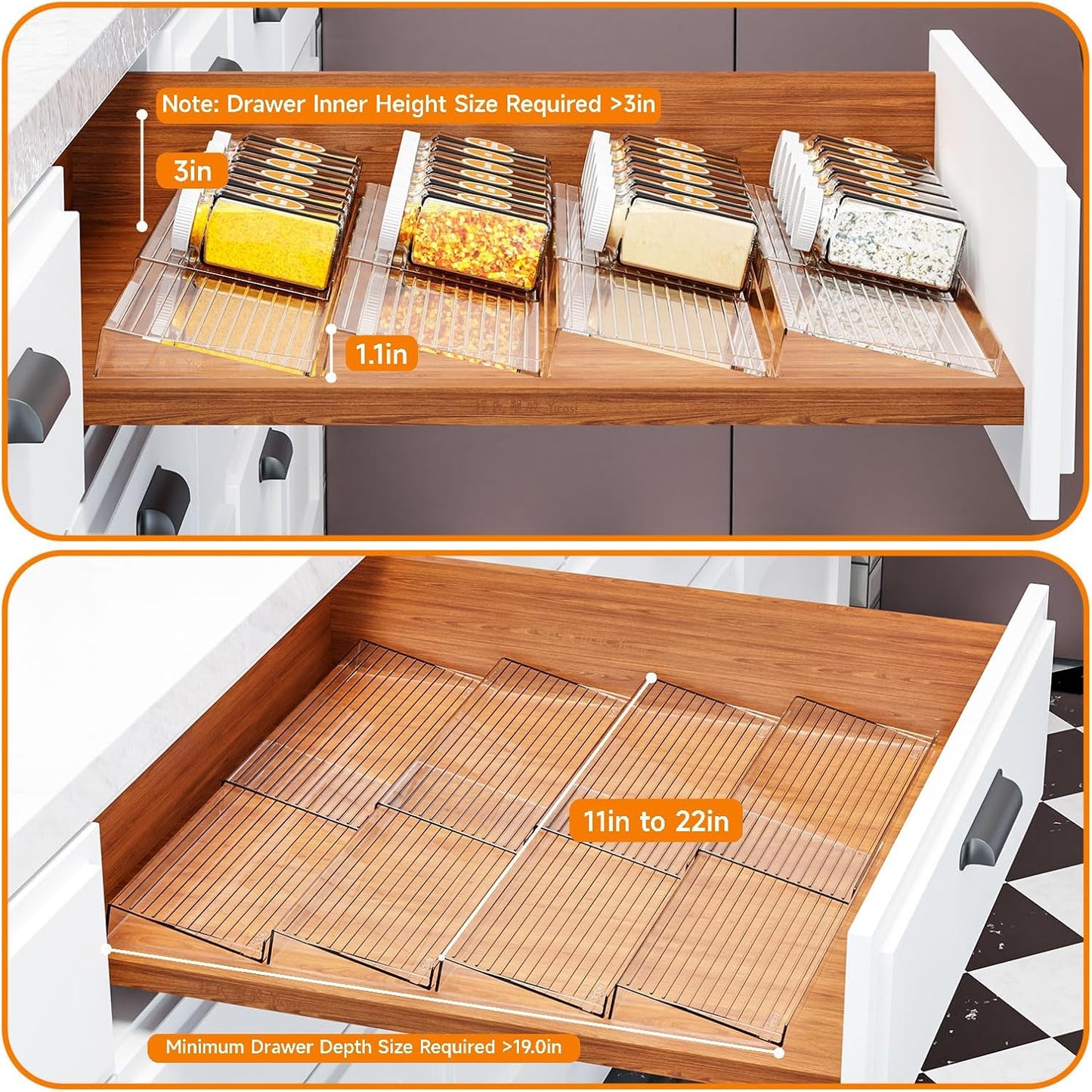 Yieach 8 Pack Adjustable In Drawer Spice Organizer - Expandable From 11'' to 22'' - Acrylic Drawer Seasoning Organizer,Clear Spice Organization Tray for Cabinet Drawers Condiment,Nail Polish and Jar
