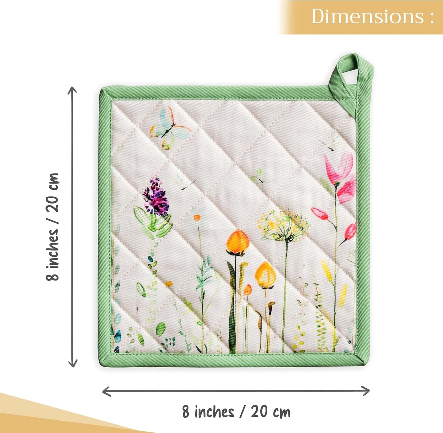 Maison d' Hermine Pot Holders set 100% Cotton Heat Resistant Potholders 8" x 8" Hot Pads with Loop BBQ, Cooking, Baking, Grilling, Kitchen, Handling Hot Pans Spring/Summer (Pack of 2, Botanical Fresh)