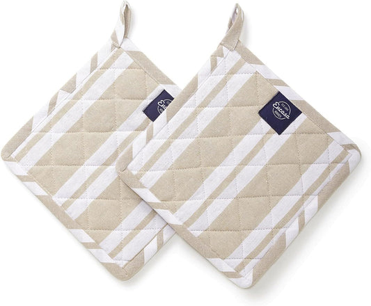 Encasa Homes 8 inches Oven Microwave Potholders (2 pc Set) for Kitchen Cooking & Baking - Heat Resistant, Thick & Safe, Protection of Hands from Hot Utensils - Franca Beige Stripes
