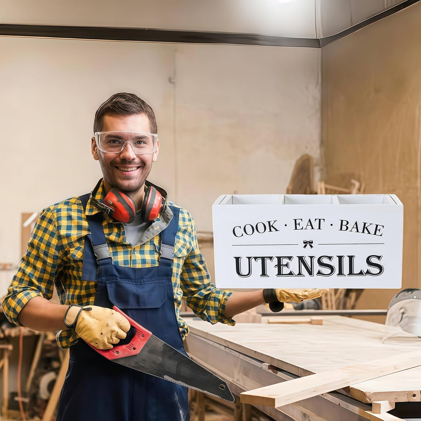 Utensil Holder,Large Wooden Utensil Holder For Kitchen Counter,Cooking Spatula Organizer,Big Storage Caddy With 3 Compartments Flatware Spoon Tool Cutlery（White）