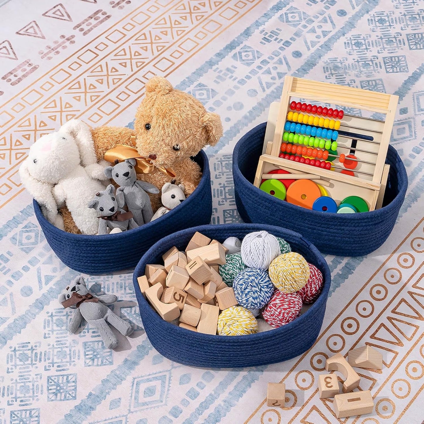 CubesLand Small Storage Baskets for Shelves, Navy Blue Closet Organization Storage Bins Empty Gift Basket 3 Packs Baby Nursery Woven Baskets for Organizing, Rectangular Clothes Closet Shelves Baskets