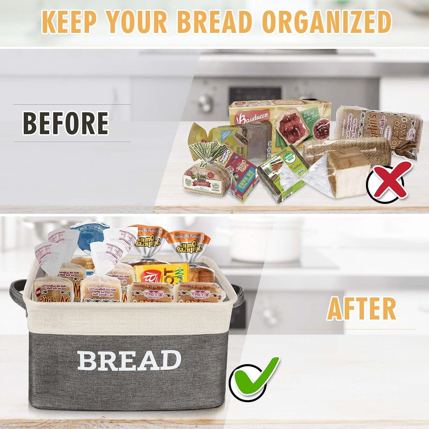 Bread Storage Basket for Kitchen, Foldable Fabric Bread Keeper Bread Storage Container Bin with Handles, Bread Baskets for Kitchen Counter and Pantry (White & Grey)