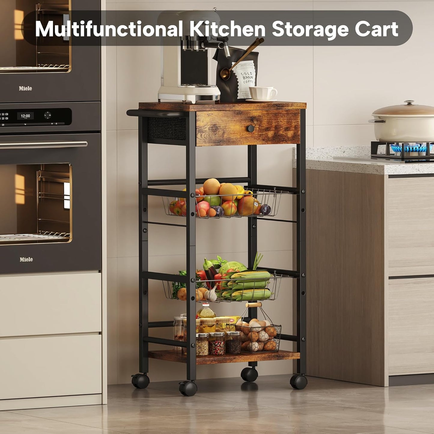 Kitchen Organizer and Storage Cart with Fabric Drawer and Convenient Handle, Snack Organizer Cart with 2 Pull-Out Baskets and 2 Storage Shelves, Rolling Kitchen Cart for Fruit Potato Onion Vegetable