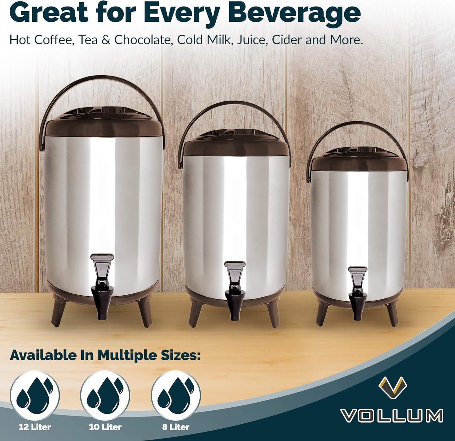 Stainless Steel Insulated Beverage Dispenser – Insulated Thermal Hot and Cold Coffee Carafe – 10 Liter Drink Dispenser with Spigot for Hot Water, Tea & Coffee, Cold Milk, Juice & More BROWN