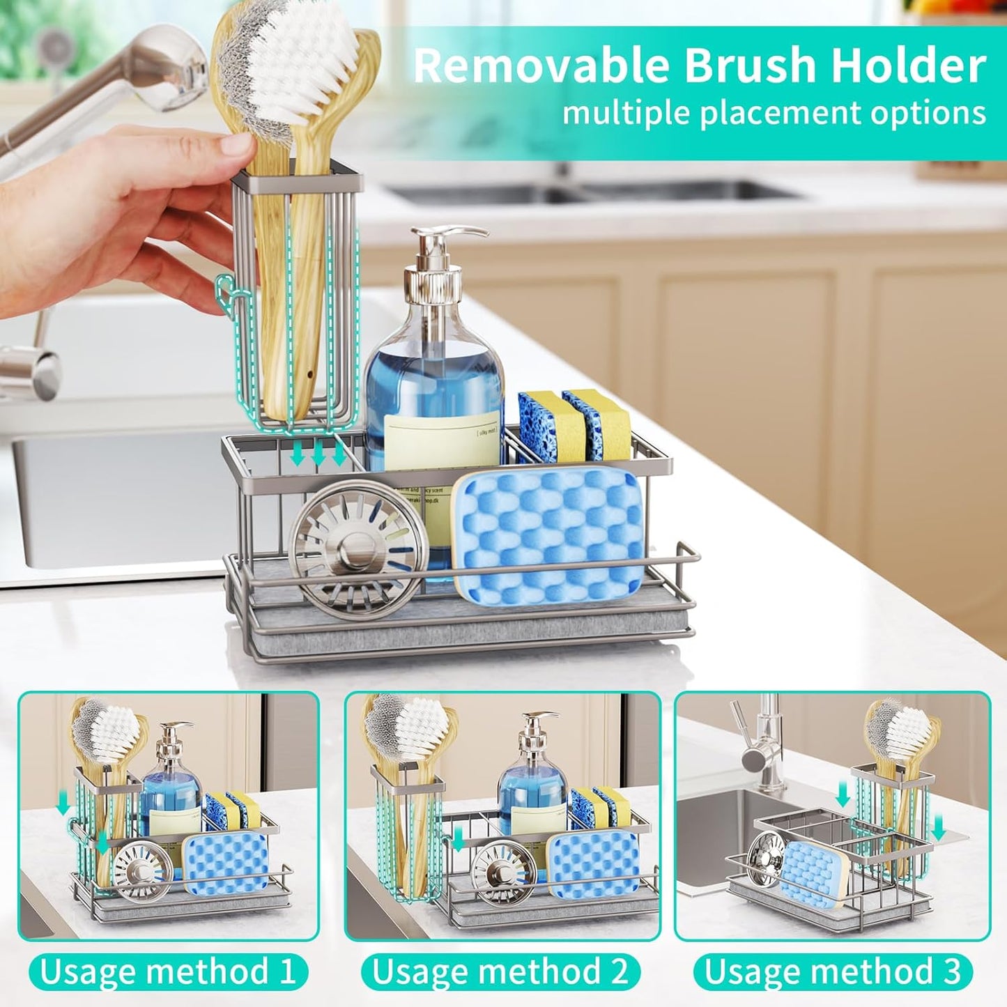 HapiRm Sink Caddy Sponge Holder - Kitchen Sink Organizer with Instant Drying Stone and Brush Holder, Stainless Steel Sponge Caddy for Kitchen Countertop - Brushed Nickel