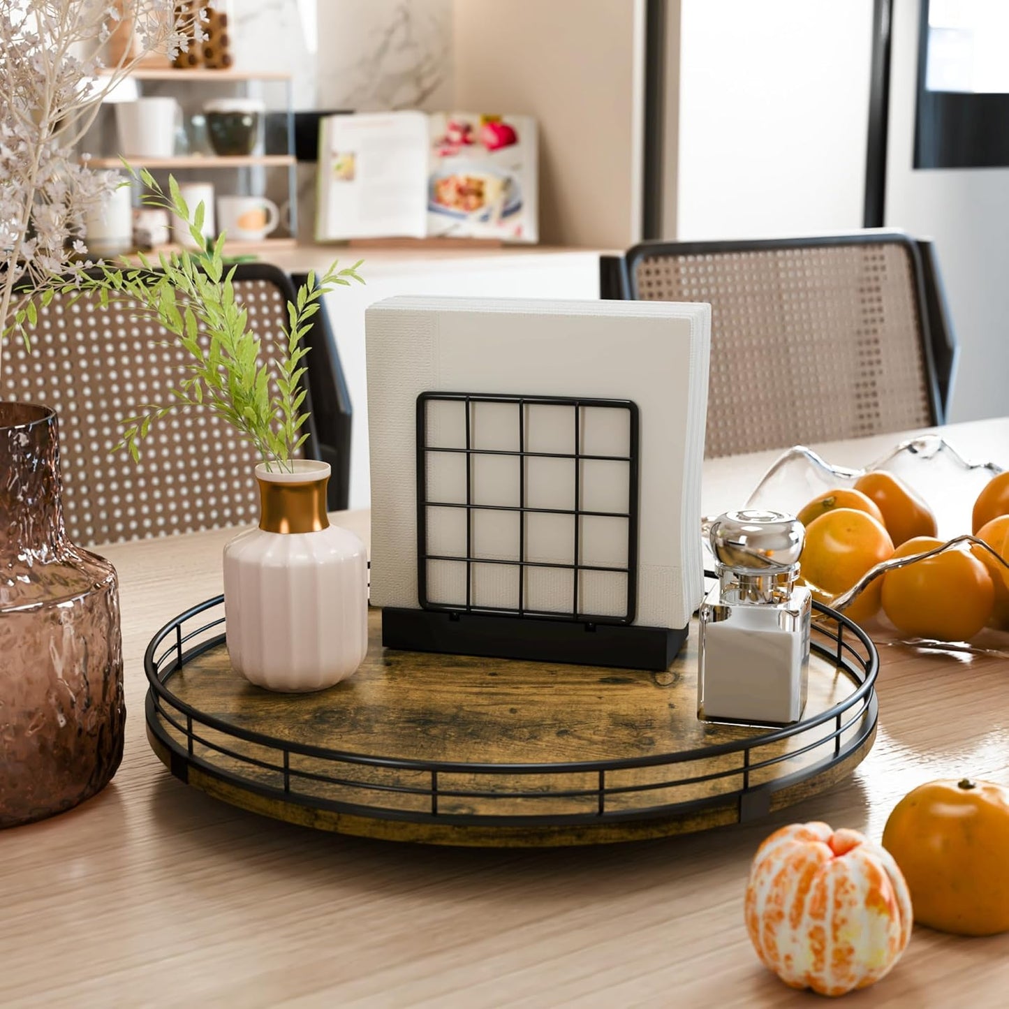 Lazy Susan Turntable Organizer for Table Top, 13’’ Round Wooden Lazy Susan for Cabinet Kitchen Countertop Pantry Dining Coffee Table for Condiments Spices, Rustic Bathroom Vanity Tray for Soap Candle