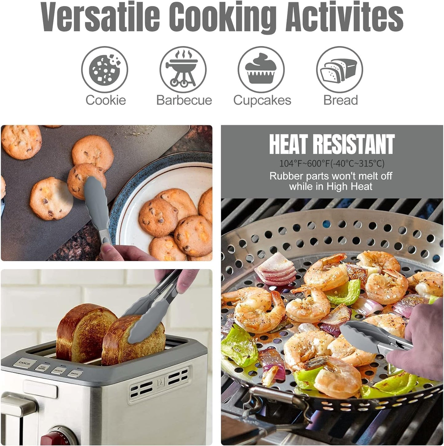 Hotec Mini Silicone Kitchen Tongs for Cooking - 7-Inch Small Serving Tongs with Silicone Tips, Set of 3 (Grey)