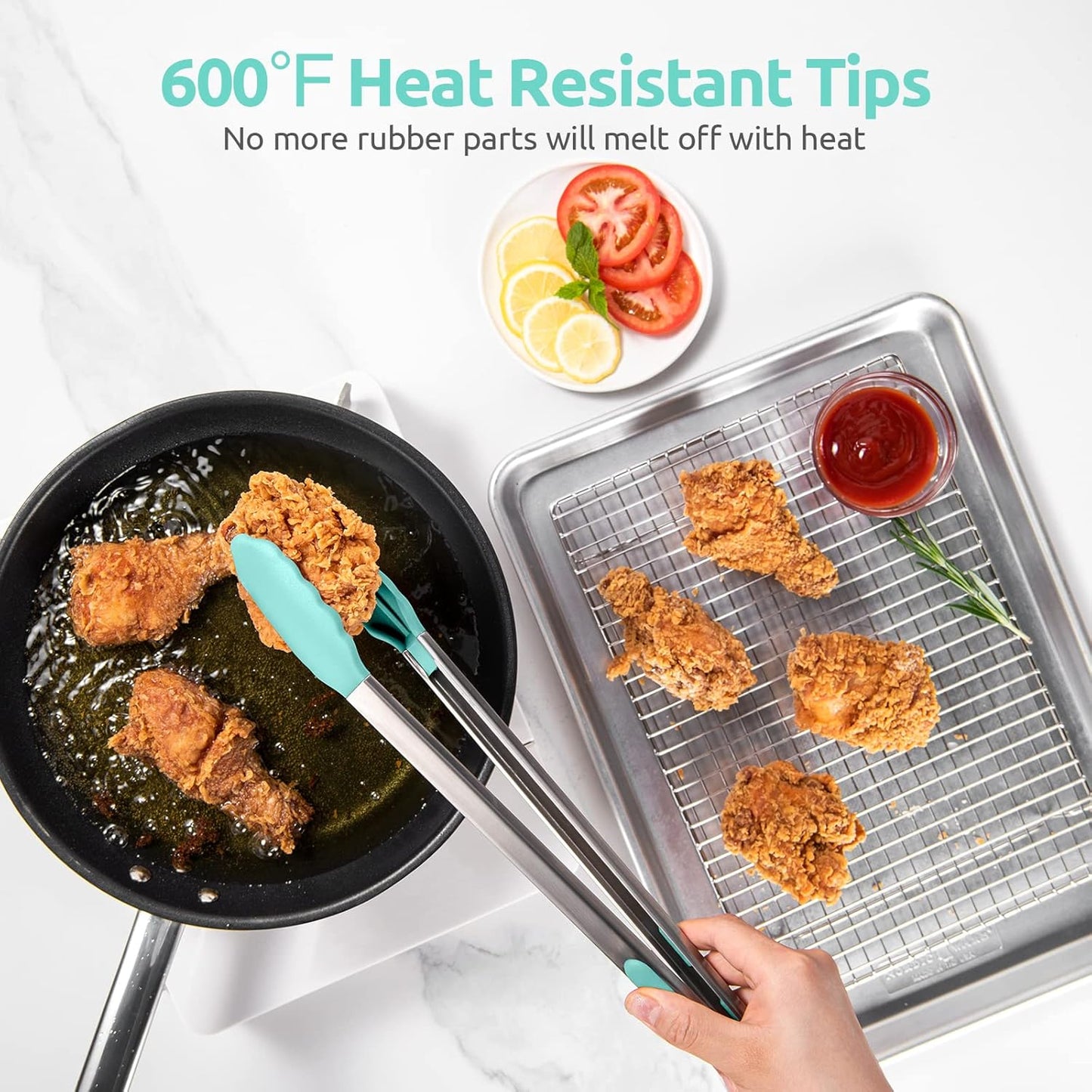 600ºF Heat Resistant Kitchen Tongs: U-Taste 16 in Extra Long Large Silicone Cooking Tong with Sturdy Non Stick Rubber Tips & Non Slip Silicon Coated 18/8 Stainless Steel Handle for Grill BBQ(Aqua Sky)