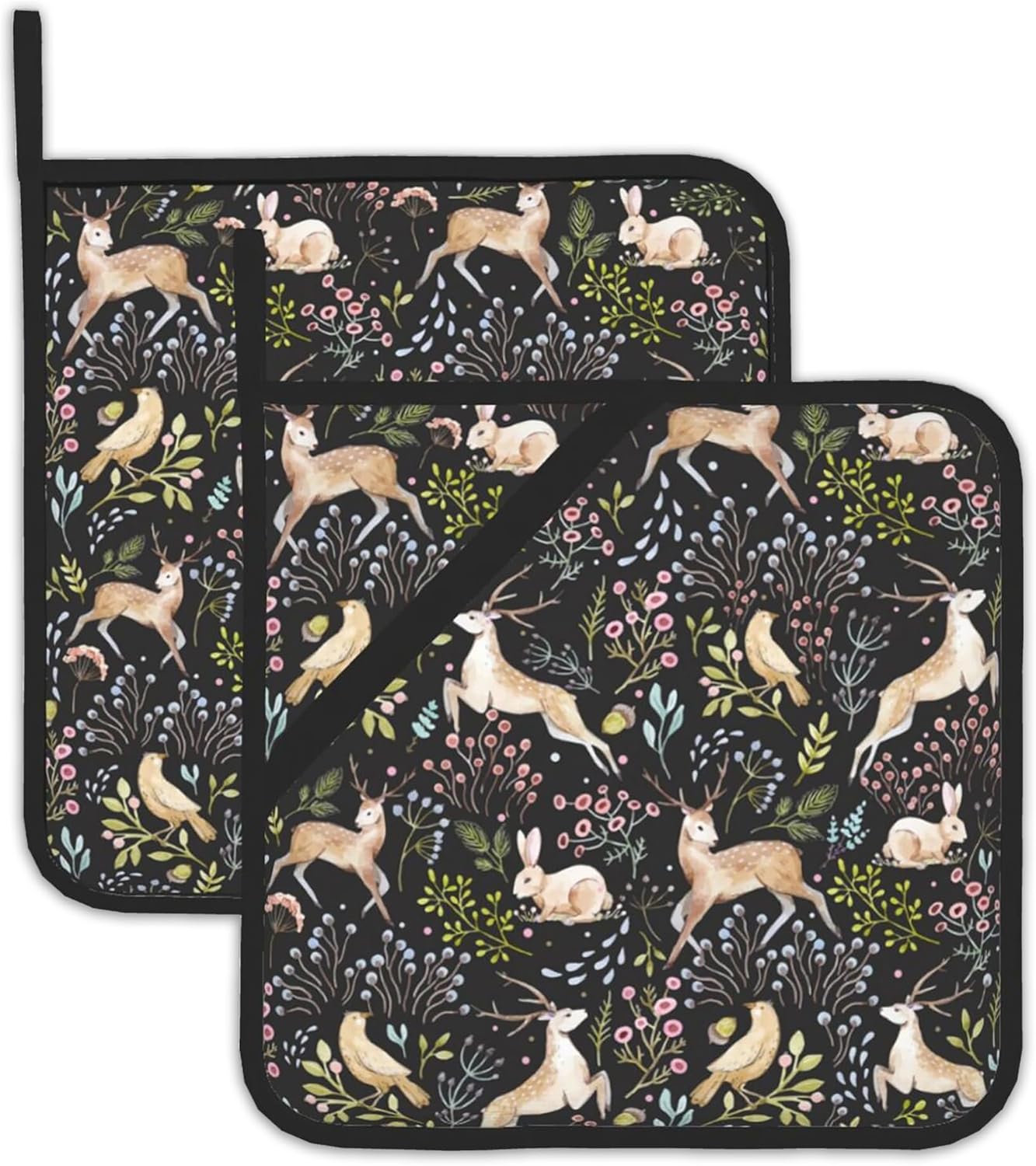 2PCS Forest Deer Pot Holder with Loop,Heat Resistant Oven Pads,Hot Pat for Kitchen Cooking Baking Food