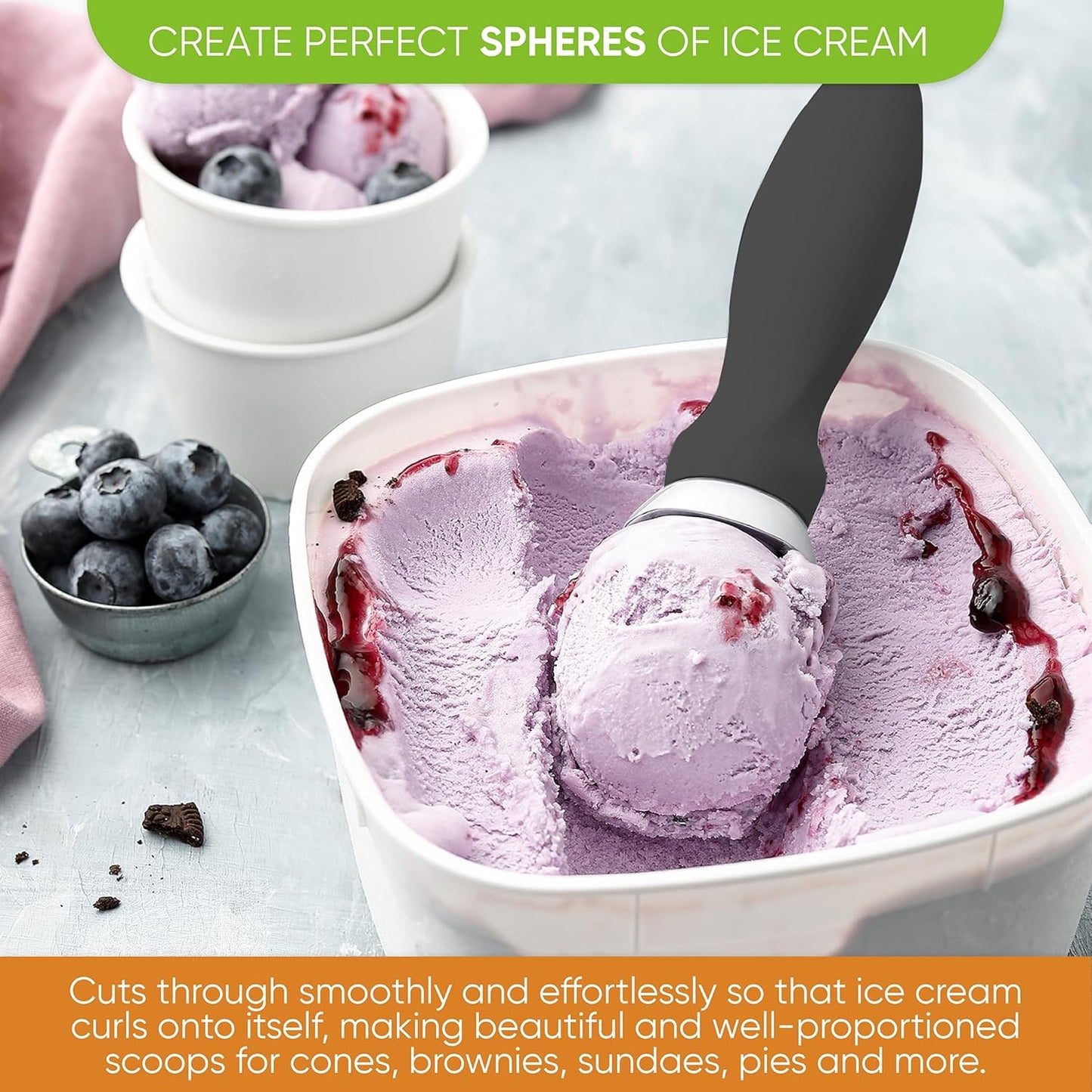 Spring Chef Gray Heavy Duty Ice Cream Scoop with Comfortable Soft Grip Handle, Dishwasher Safe Ice Cream Scooper, Professional Metal Kitchen Tool for Frozen Yogurt, Gelato, Sorbet, Sundae, Melon