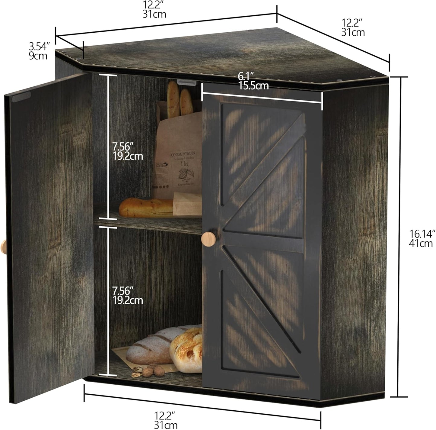 Corner Bread Box for Kitchen Counter Double Layer Bamboo Bread Storage Container Large Capacity Bread Storage Bin Farmhouse Breadbox Organizer (Antique Black)