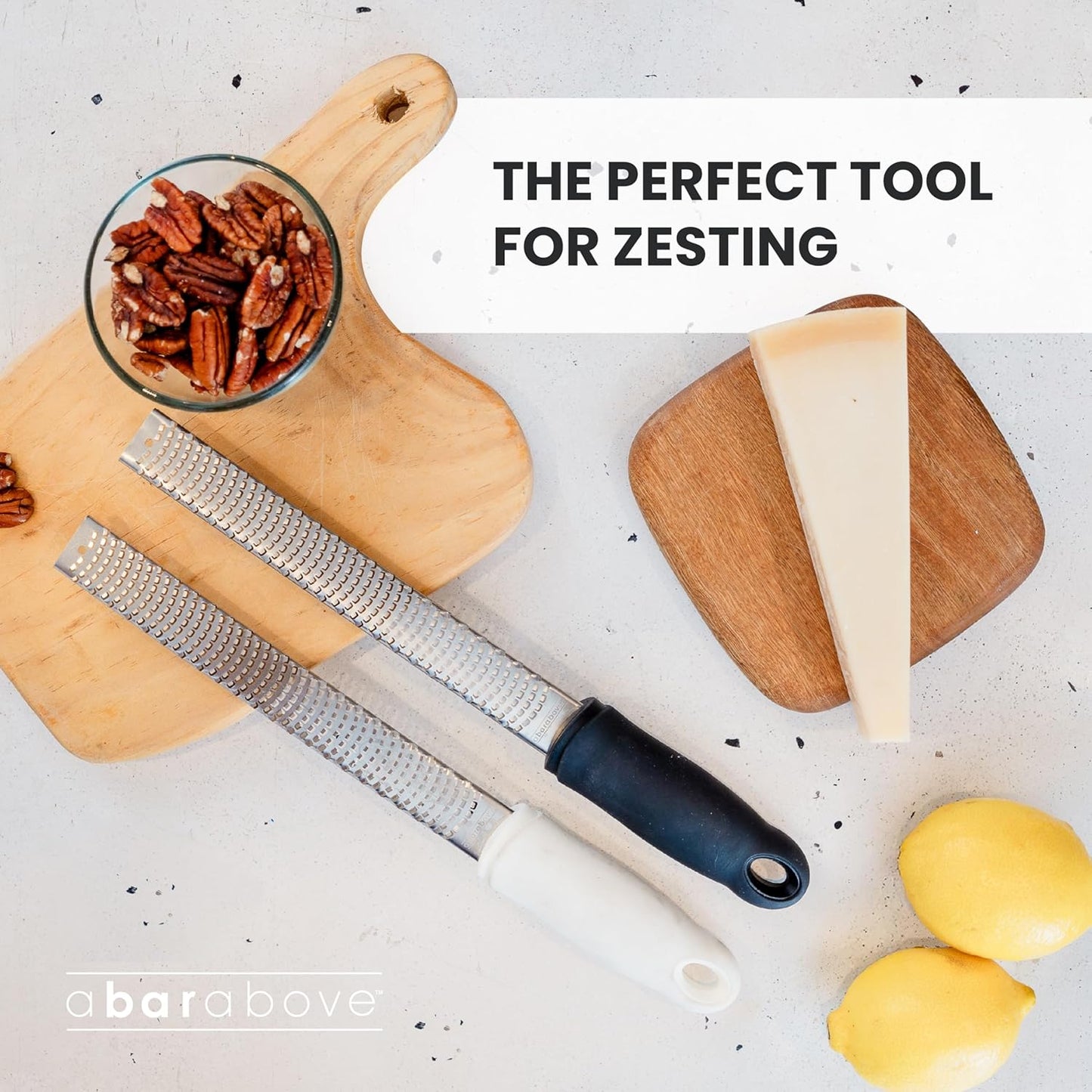 Cheese Grater & Lemon Zester A Bar Above 12” Chef-Grade Stainless Steel Rasp, Sharp Citrus Zester for Lemon, Lime, Ginger, Garlic, Parmesan & Hard Cheese, Professional Kitchen & Cocktail Garnish Tool