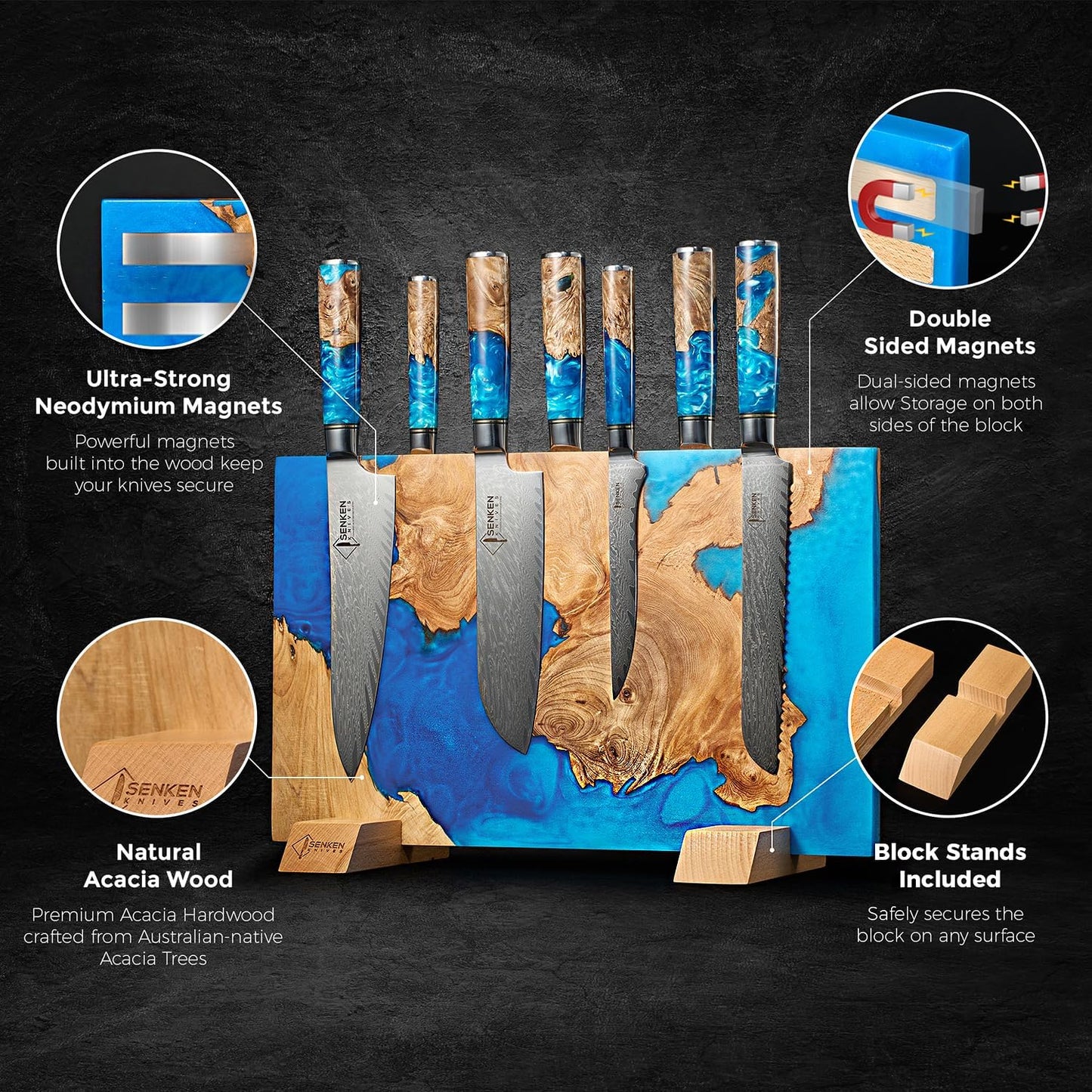 SENKEN "Tsunami" Extra Large Magnetic Knife Block - Holds Up to 16 Knives - Knife Block without Knives, Universal Knife Holder, Beautiful Blue Resin & Natural Wood Blend ("Tsunami" Blue Resin Blend)