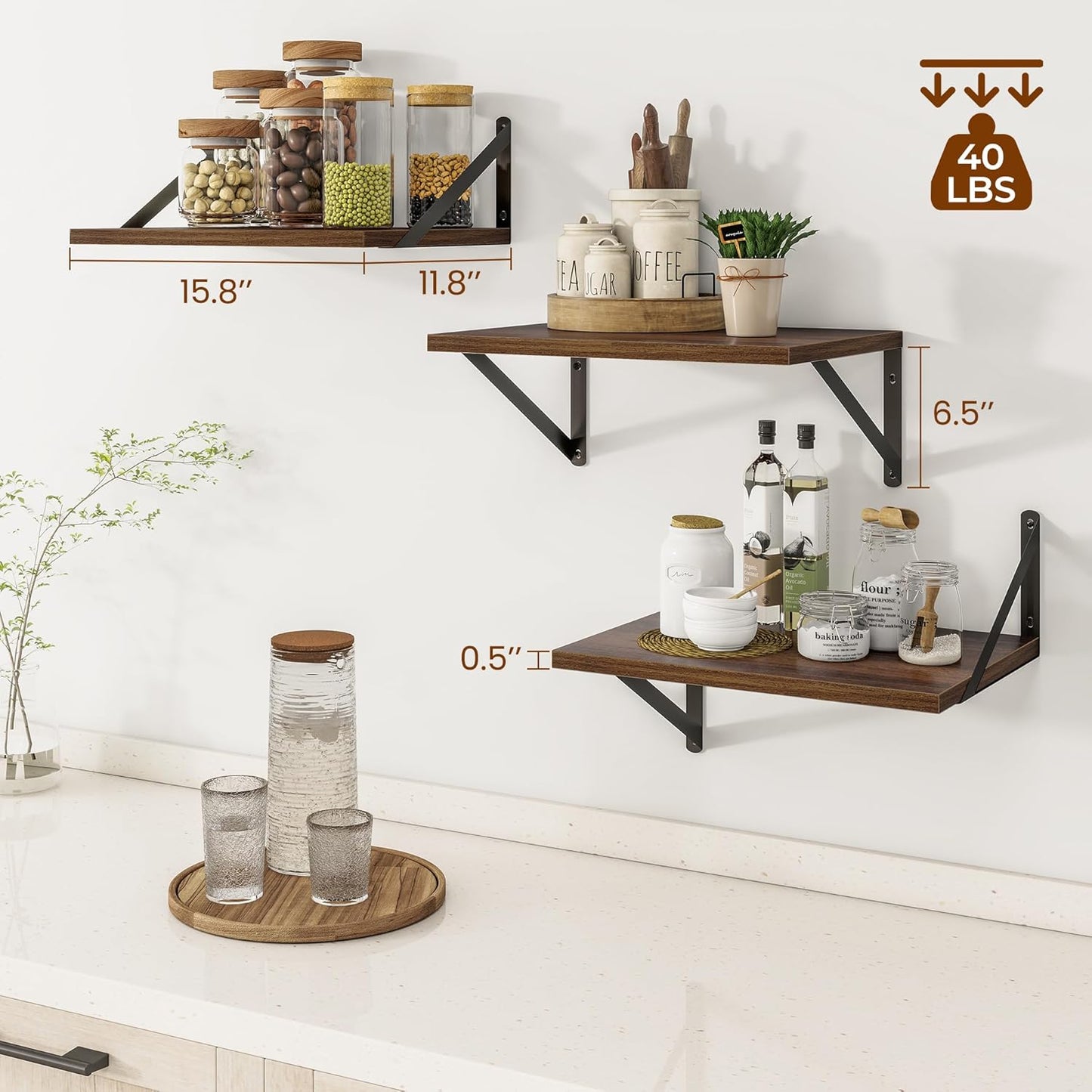 Heimlove Deep Floating Shelves for Wall, 12 Inch Deep Floating Shelves Set of 3, 16W x 12D Wood Wall Shelves, Wide Wood Shelves with Metal Bracket for Living Room, Kitchen, Office, Bedroom - Walnut