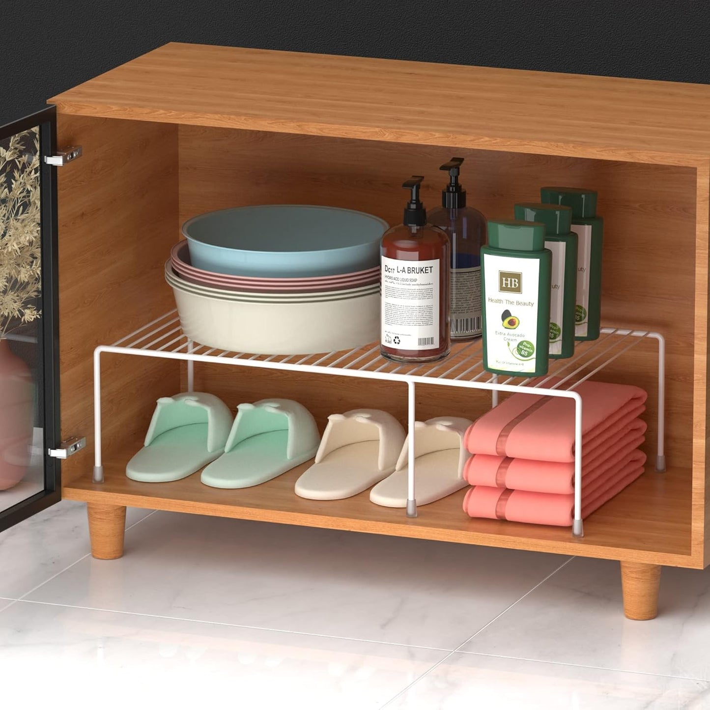 Redrubbit Cabinet Storage Shelf Rack, Expandable Metal Rustproof Kitchen Counter and Cabinet Shelf, Storage Rack Organizer Space Saver for Kitchen, Fridge, Cabinet, Bathroom, White, Set of 4