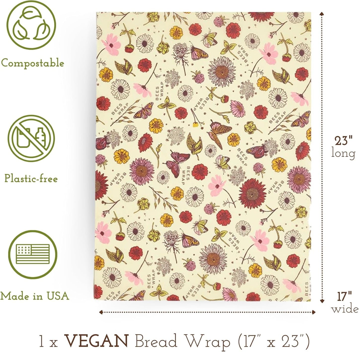 Bee's Wrap Vegan Beeswax Wraps for Food - Vegan Meadow Magic Bread Wrap - Made in USA Reusable Bread Storage Bags - Organic & Eco-Friendly Alternative to Aluminum Foil, Sourdough Bags & Plastic Wrap